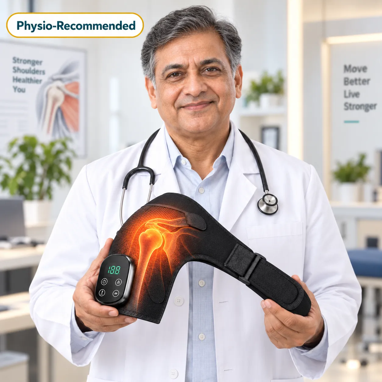 Man wearing SILQCURE ShoulderFlex Pro with shoulder pain zone highlighted